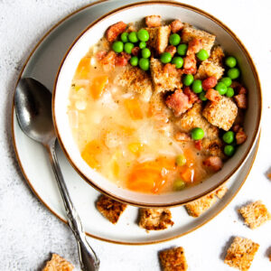 hearty yellow pea soup served with pancetta and bread croutons