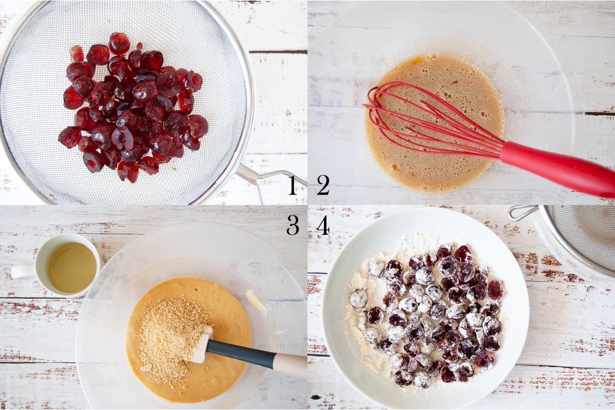 a four-photo collage of process shots when making the dough. washing the cherries, whisking eggs and sugar, adding flour, almonds and oil, and dusting cherries in flour