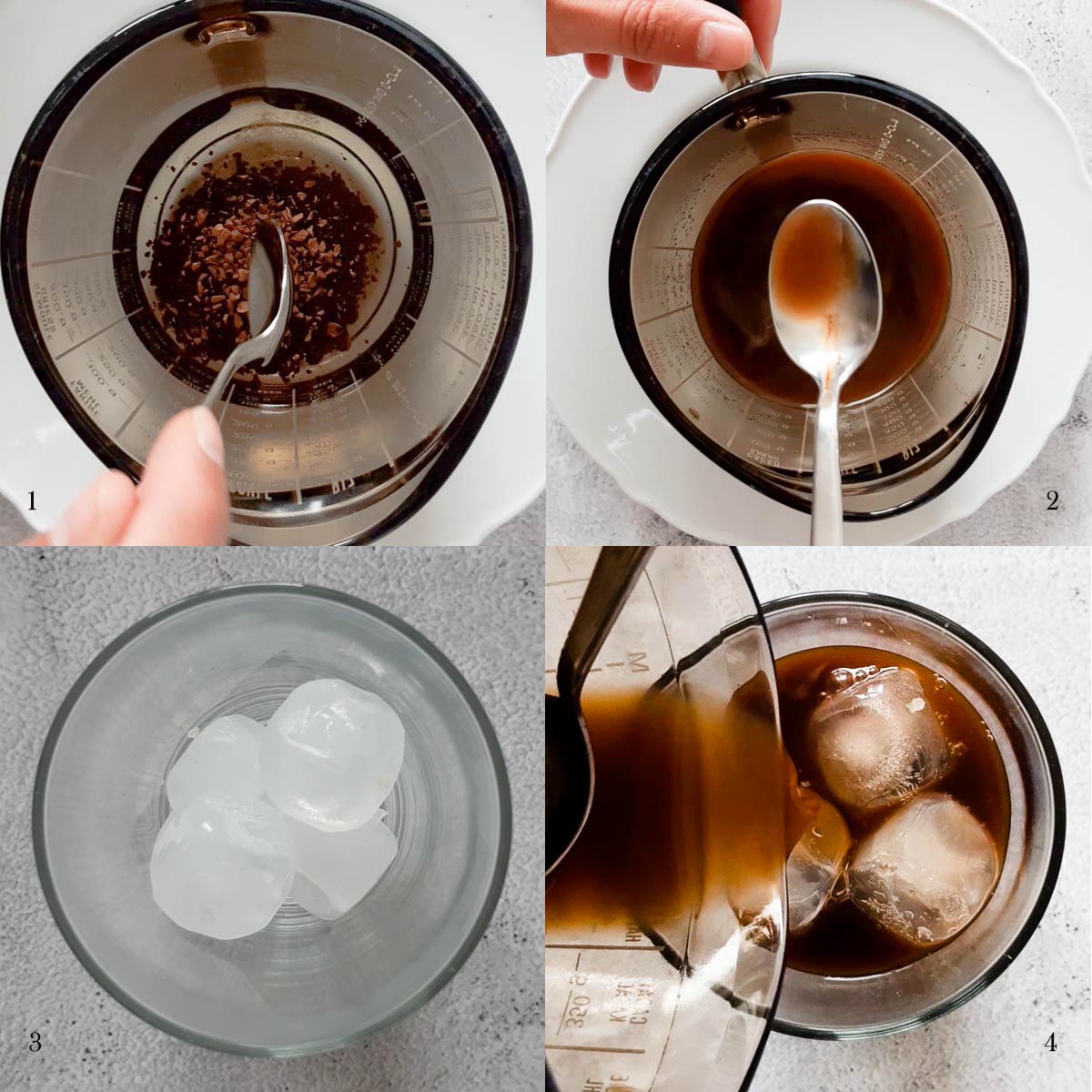 A collage of 4 photos showing steps of making iced mocha latte.
