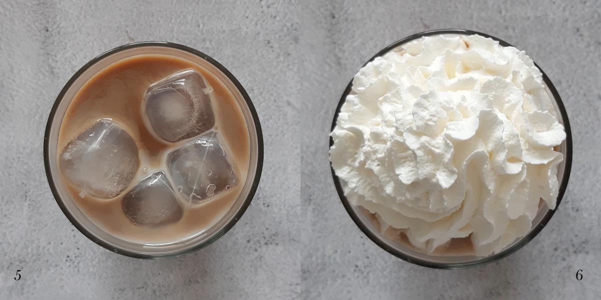 A collage of 2 photos showing how to top a glass with iced mocha with whipped cream.