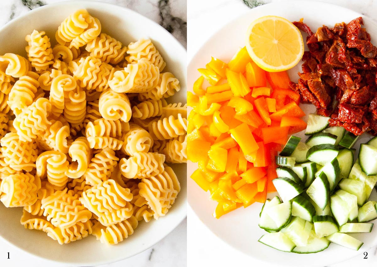 A colage of two photos: cooked pasta in a bowl and chopped vegetables on a plate