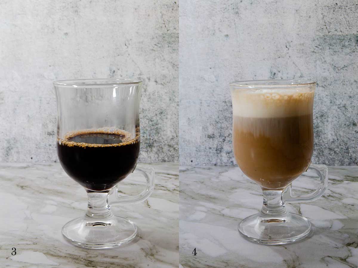 A photo collage of two photos: one with a latte glass with black coffee in it, other with a latte glass with milky coffee with froth on top.