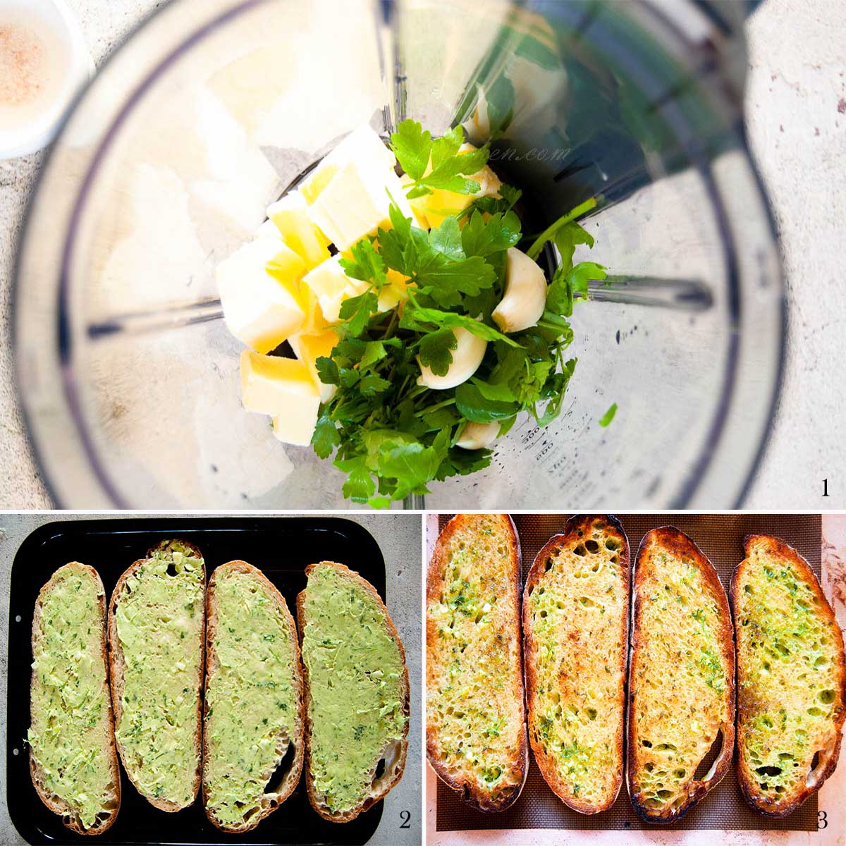 a collage of three photos: blending ingredients in a food processor, garlic butter spread on sliced bread and baked sliced bread with garlic butter.