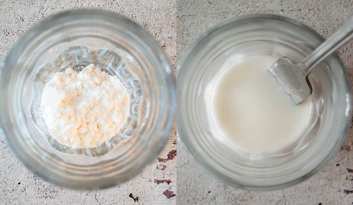 A collage of two photos: a glass with flour, and a glass with flour mixed with water.
