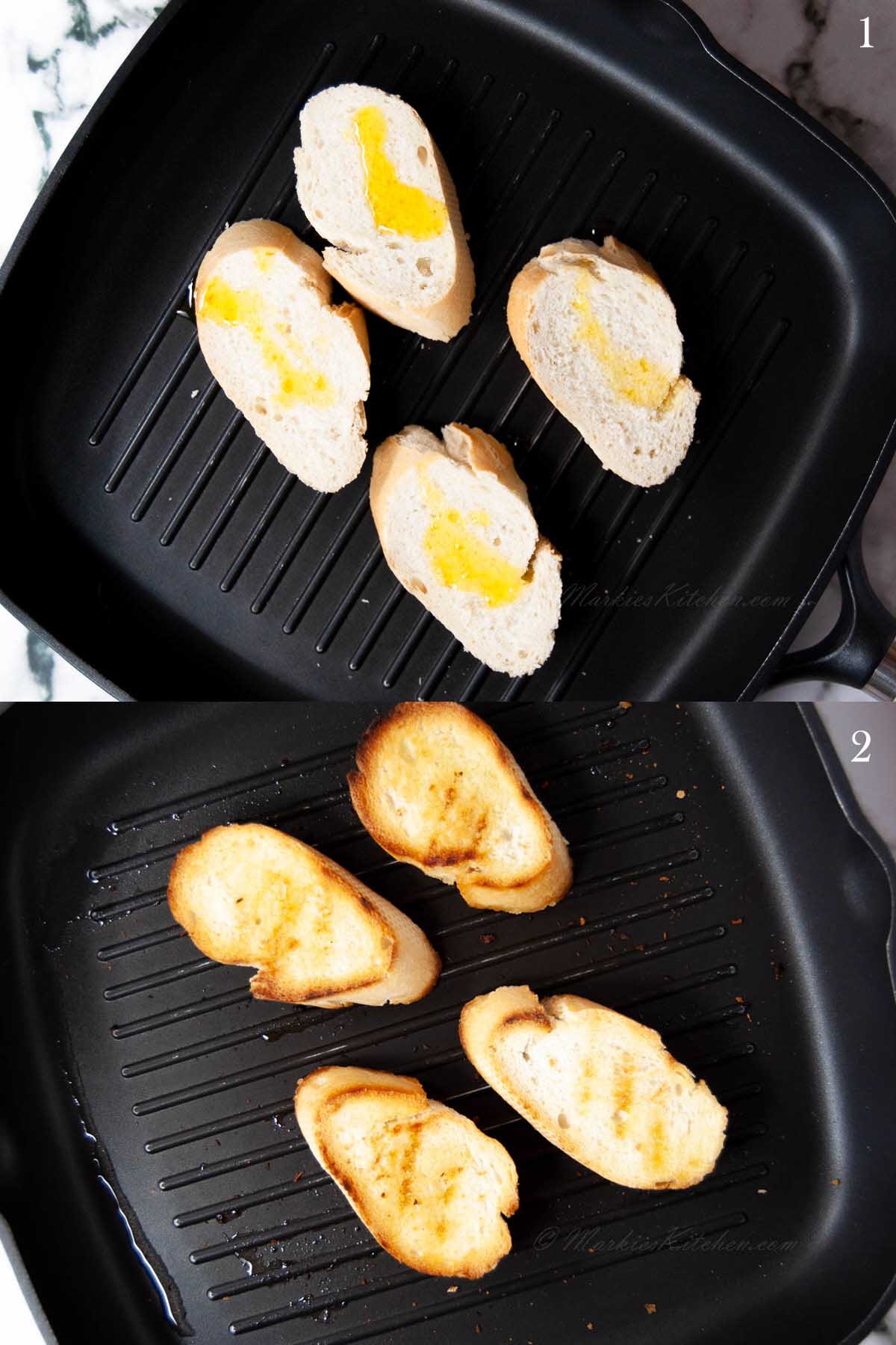 A collage of two photos: Top one with bread drizzled with oil, bottom one with toasted bread in a pan.