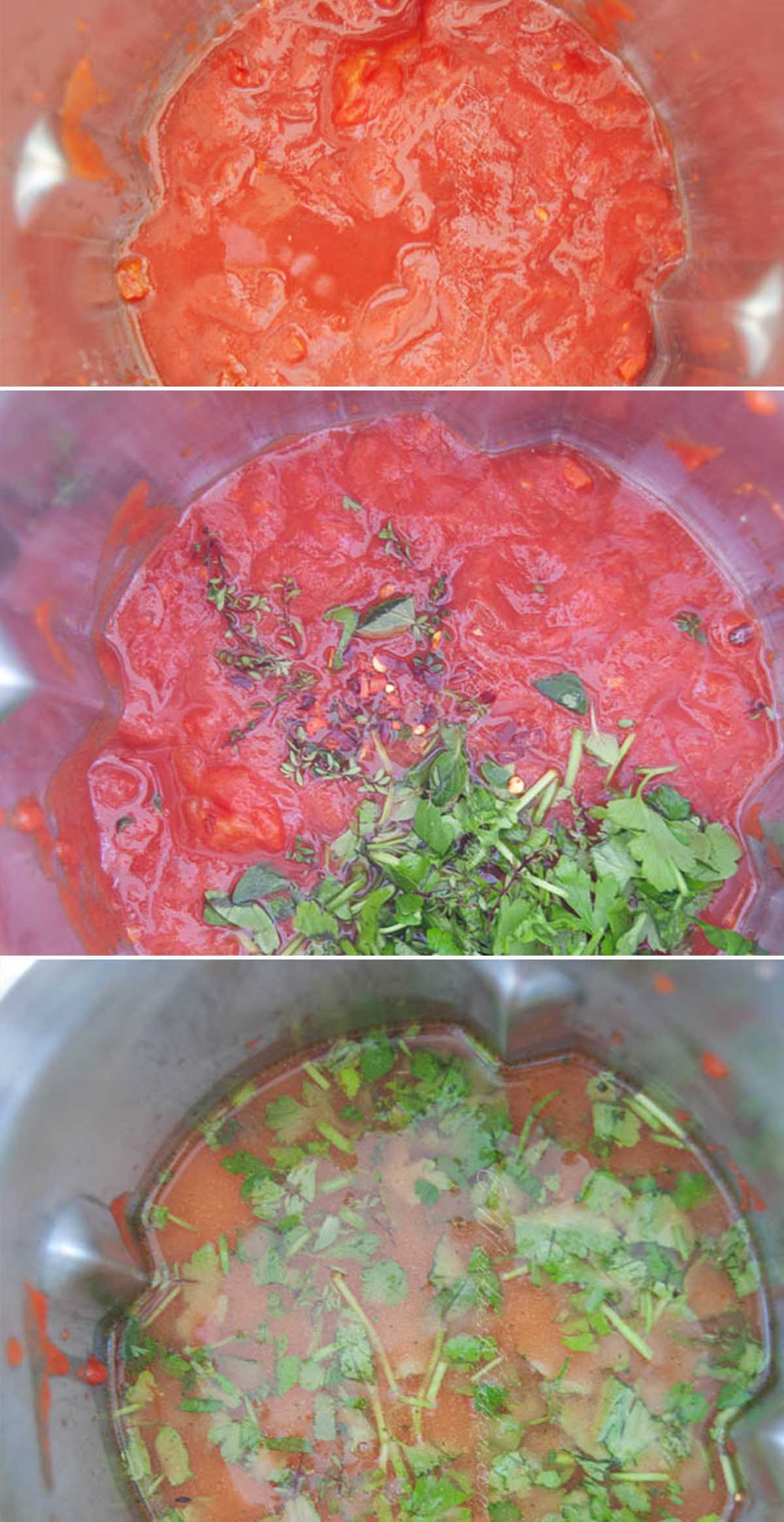 A photo collage of three photos: top - canned tomatoes in soup maker; middle - chopped tomatoes and added herbs; bottom - tomatoes, herbs and added stock.