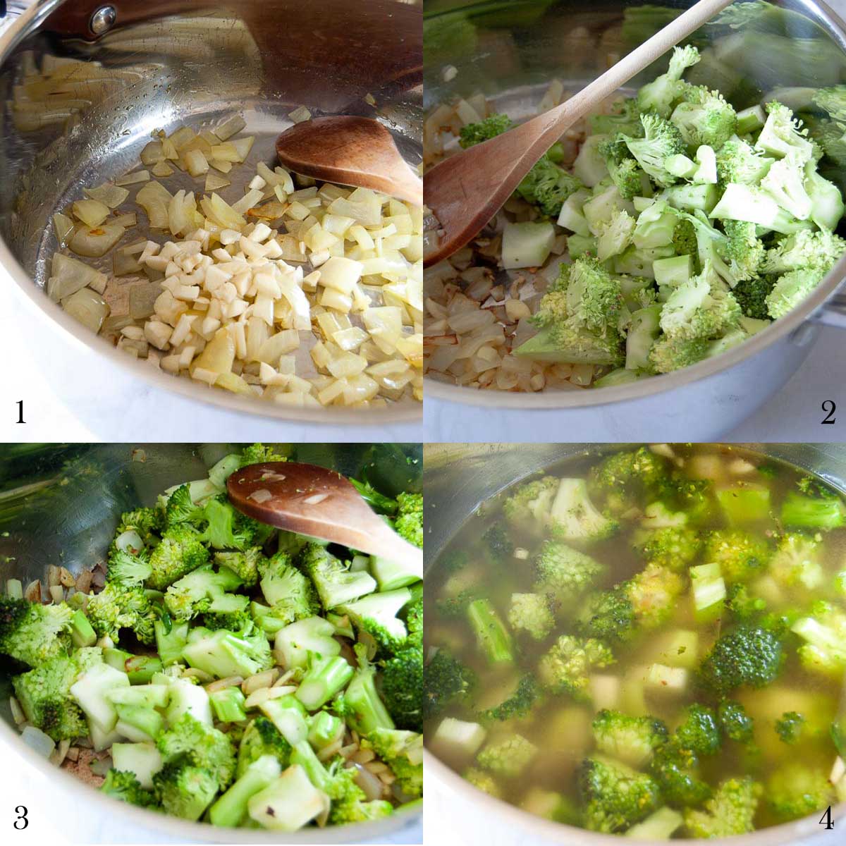 A collage of four photos showing how to fry onion and broccoli, and cooking it with stock.
