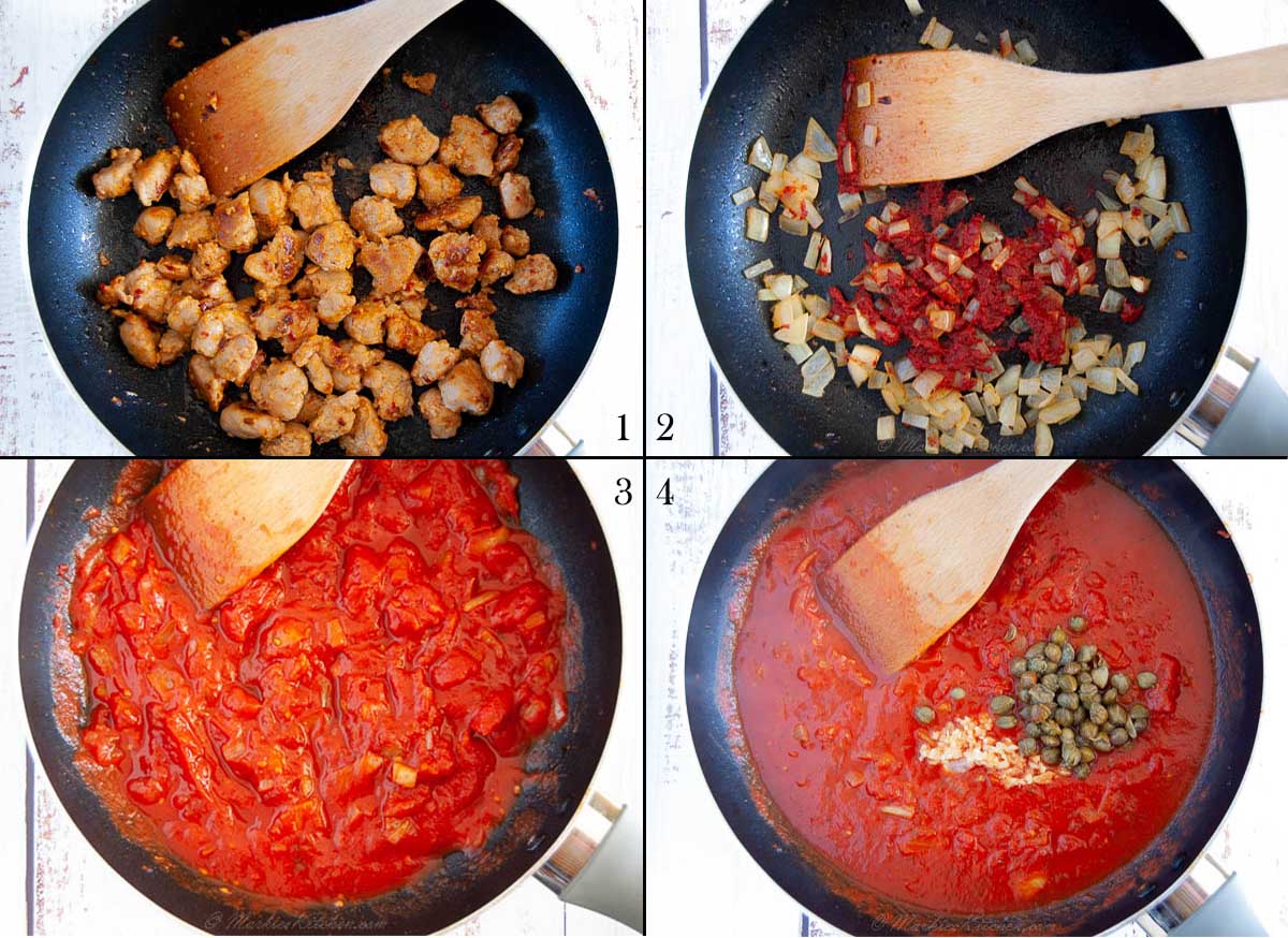 A collage of four photos showing how to cook spicy sausage and tomato sauce.