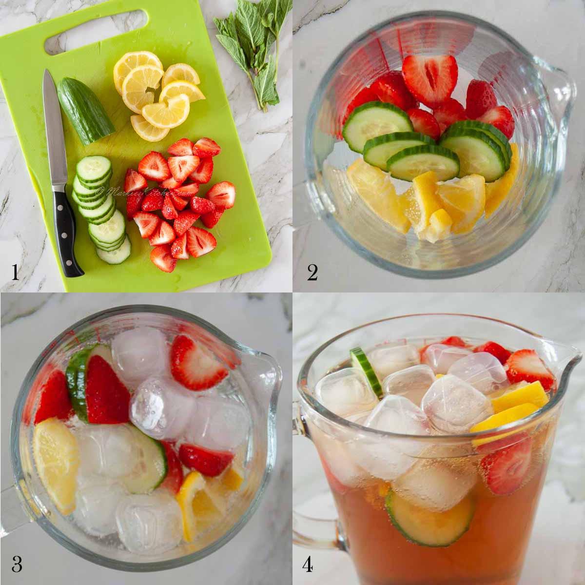 A collage of four photos showing how to make Pimm's without alcohol: cut the fruit, add the fruit and ice into a jug, add lemonade, add balsamic vinegar.