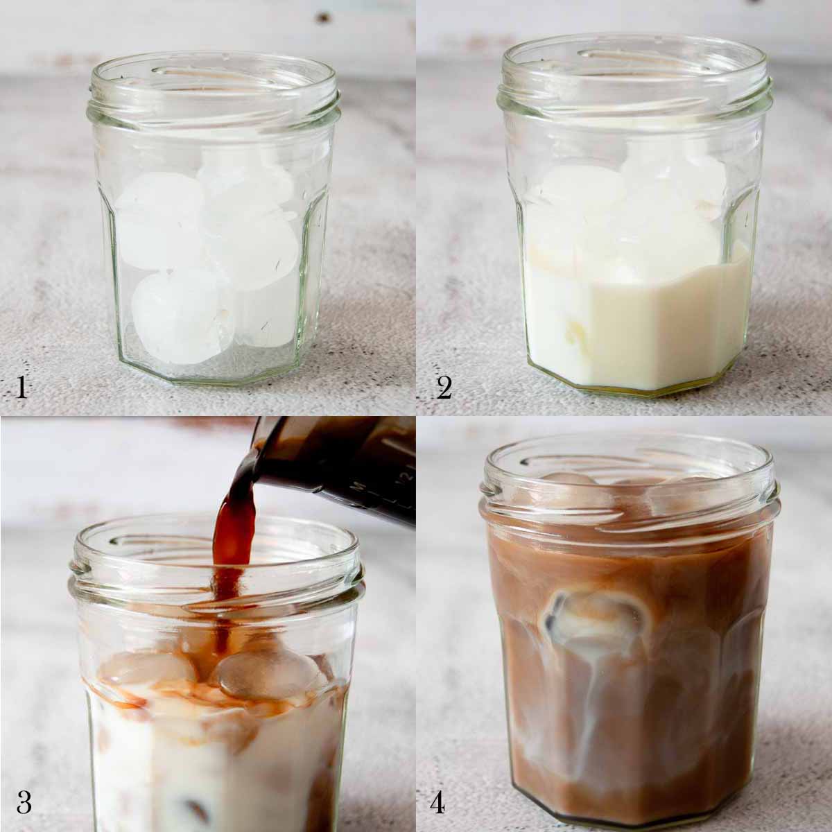 A collage of four photos showing how to make iced coffee. First photo shows ice in a jar. Second photo shows the same jar with ice and milk. Third photo shows coffee being poured to the jar with ice and milk. And the final photo shows iced coffee blended with milk.