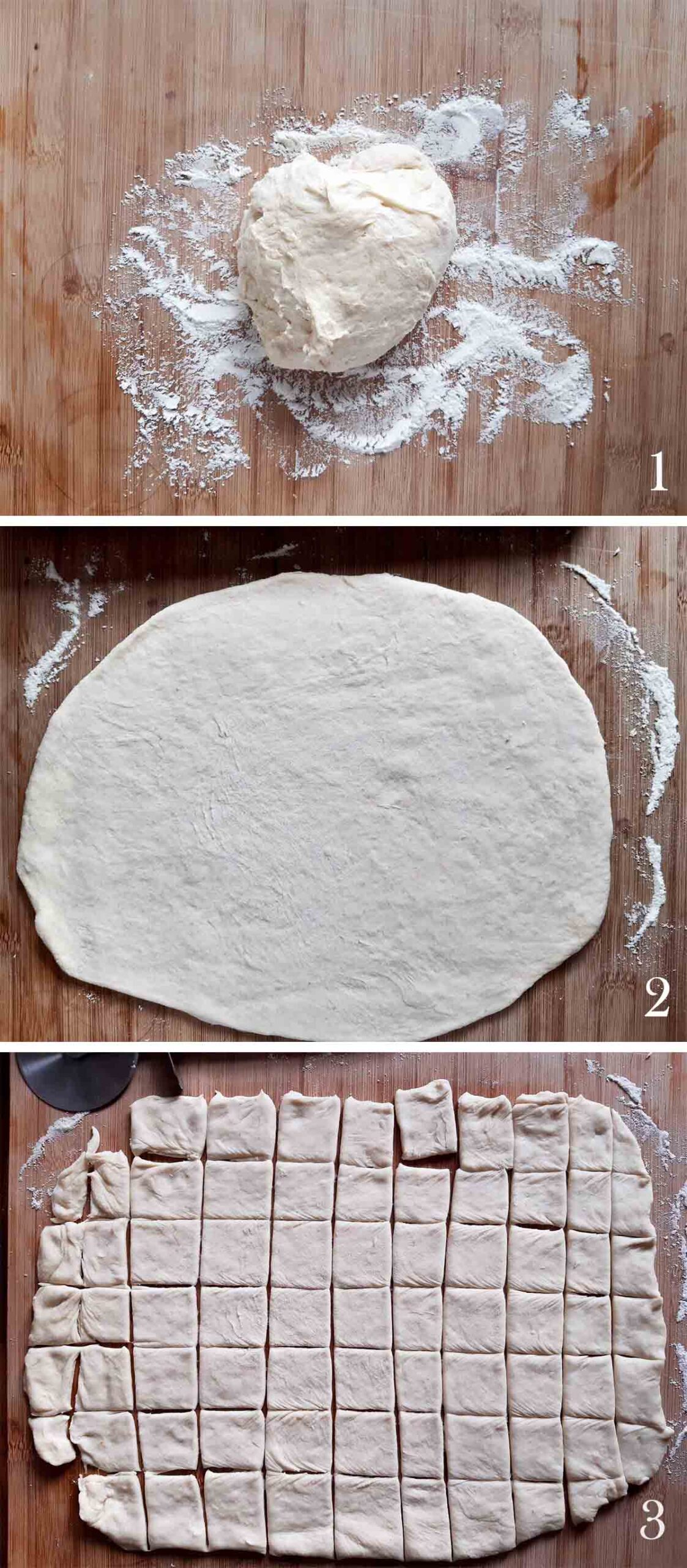 A collage of three photos showint kneading a pizza dough, rolling it out onto a dusted surface and cutting it into small squares.