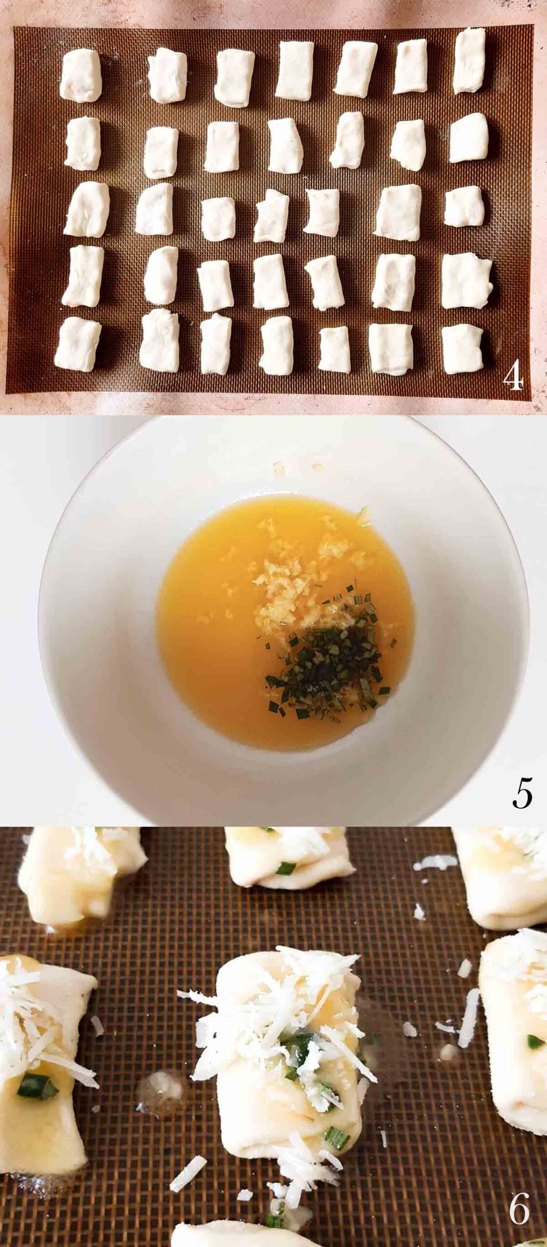 A collage of three photos showing pastry squares on top, then a bowl with melted butter, minced garlic and chopped rosemary. The last photo shows a pastry square topped with the butter and herb mix and sprinkled with grated cheese.