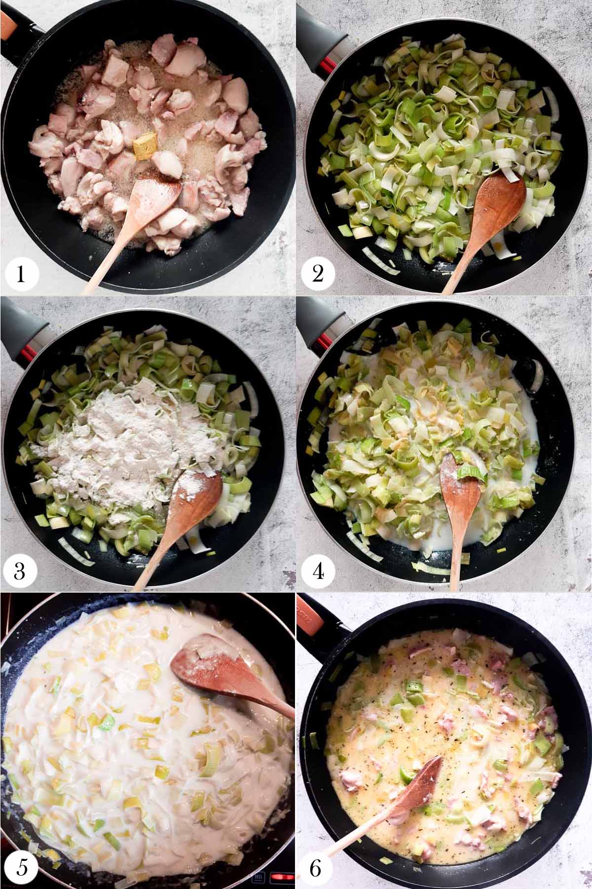 A collage of six photos showing how to make chicken, ham and leek pie filling. Top left: Diced chicken and ham is cooked in a pan with chicken stock. Top right: Sliced leek is fried in a pan with butter. Middle left: Plain flour is added to the pan with fried leek. Middle right: The mixture is stirred and milk is being added. Bottom left: Thickened bechamel sauce with leek. Bottom right: The bechamel with leek is mixed with cooked chicken and ham.