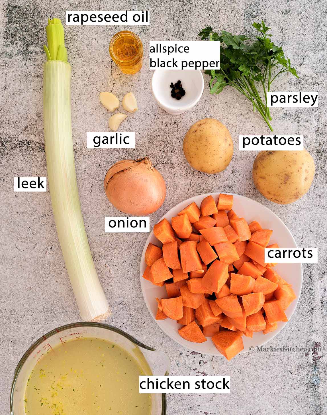 A top down photo of cooking ingredients, labeled ro describe what these are: leek, a pinch bowl of rapeseed oil, three garlic cloves, a pinch bowl with allspice and blackpepper, a bunch of fresh parsley, two potatoes, a plate of diced carrots, onion and jug with chicken stock.