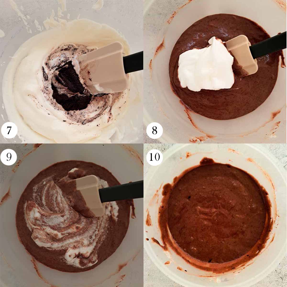 A collage of four photos showing how to make chocolate mousse by mixing melted chocolate with whipped cream, then dolding in whisked egg whites, ans the final mousse before leaving it to set in the fridge. The photos are numbered from 7 to 10, from top left to bottom right.